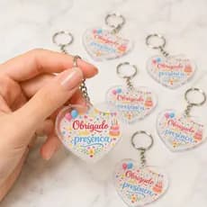 Kit Chaveiro Lembrancinha e Brindes Obrigado Pela Presença Aniversário Acrílico Coração Impressão UV