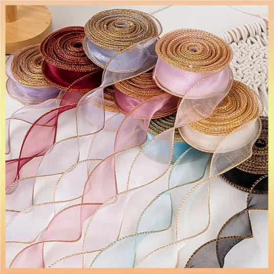Fita De Organza Com Fio Transparente , 10 Jardas , Borda Dourada , Chiffon Para Casamento , Presente De Aniversário , Bu