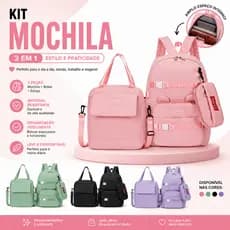 Kit 3 Bolsas Mochila + Bolsa  + Estojo em Nylon Escolar Volta as Aulas