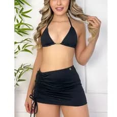 Conjunto 3 Peças Biquíni Cortininha Asa Delta Com Saia Ajuste Lateral Feminino Com Saida De Praia Fio Dental Preto