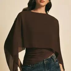 Top De Manga De Capa  , Camiseta Irregular Com Cintura Franzida E Gola Redonda , Corte Justo , Frente Aberta , T