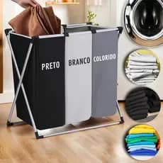 Cesto de Roupas Multiuso com 3 Compartimentos Divisórias Roupa Suja Preta Branca Colorida Lavanderia