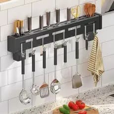 Suporte de Parede Organizador para Utensílios de Cozinha 8 Ganchos Barra Inox Multiuso Panela Pano