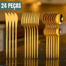 Conjunto Talheres Dourados 24 Peças Faqueiro Gold Inox Jogo Faca Garfo Colher Luxo Premium Cozinha