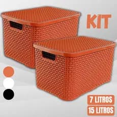 Kit 2 Caixa Organizadora Rattan Cesto com Tampa 7L e 15L Branco Laranja Terracota Preto Decorativa Trançada Trama Decoração Organização Documentos Guarda Roupa Armário Bagunça