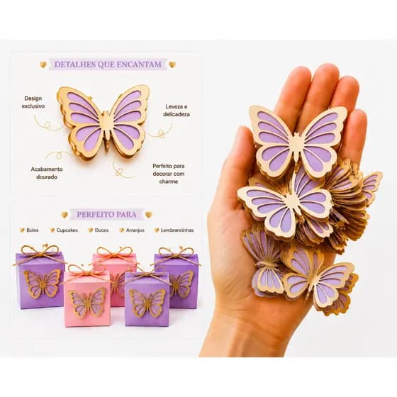 Borboleta Kit Vazada Lamicote Aniversário Decoração Lembrancinha Aplique Jardim encantado Dourado
