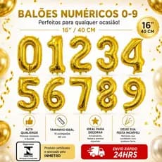 Balão Festa Kit 2 uni 40CM 16 POL Metalizado Dourado Bexiga  Decorativo Número Tamanho Decoração Top