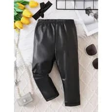 Calça Infantil de Cirrê Tipo Couro com Lacinho Legging de Criança Preta RN a 3 Anos Bebê Imita Couro