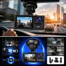 Câmera Veicular Full HD 3 Câmeras DVR Visão Noturna Ré Carro Dash Cam Tela LCD Câmera Dianteira e interna do Carro