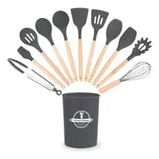 Kit 12 Utensílios Cozinha Silicone Cabo Madeira Cinza