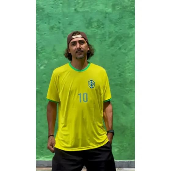 Império Art - Camiseta Zeca 100% Dry Pagodinho Amarela c/ Punho e Gola Verde