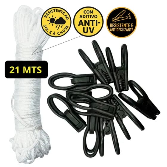Varal Trançado 21 Metros Aditivo Anti UV + 10 Pregadores Antideslizantes Resistentes