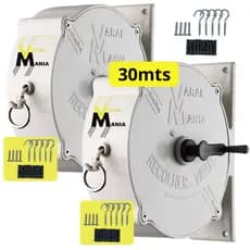 Kit 2 Varais Recolhíveis Parede 30m Branco + 2 Kits Completos de Instalação do Varal