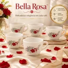 Conjunto 6 Xícaras de Café 130ml Bella Rosa Vidro Branca Floral Mesa Posta Elegante