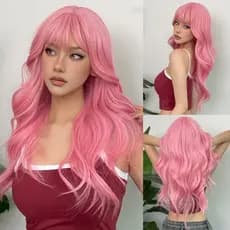Peruca Rosa Milkshake Leve Ondulada 75cm Longa Sem e com Franja Cosplay Wig bio Orgânica