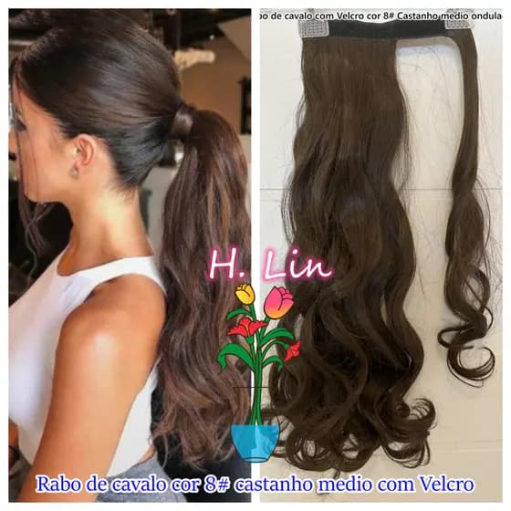 Rabo de cavalo cor 8# castanho medio ondulado castanho natural cabelo aplique castanho claro 100gramas