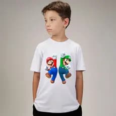 Camiseta Infantil Fantasia Super Mário Malha Estampada Cosplay