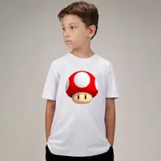 Camiseta Infantil Branca Super Mario Bros Cogumelo