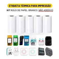 Kit Com 5/10/15/20 Bobinas Etiqueta Térmica Não Adesiva 57x30mm com 4 metros Branco Mini Impressora Portátil à Prova