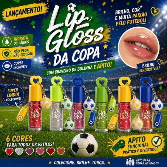 Lip Gloss Chaveiro da Copa do mundo Super Fofo + Brinde Bola e Apito ⚽ Tendência 2026