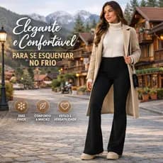 Legging Flare Suplex Peluciada com Cós Alto e Boca de Sino Zero Transparência Calça Feminina Inverno Tecido Grosso Preto