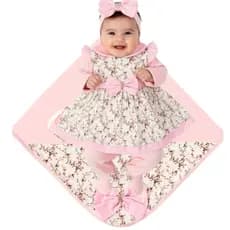 Saída Maternidade Vestido Bebê Menina Estampas 05 Peças 100% Algodão