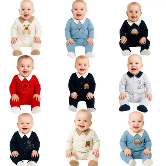 Kit 03/02 Macacão Malha Básico Bordado Para Bebê Menino Cores Diversas 100% Algodão