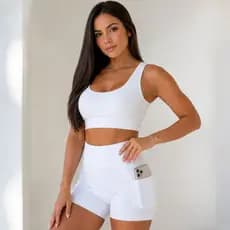 Conjunto Fitness Short+Top Feminino Tecido Poliamida Com Bolso Para Celular Academia