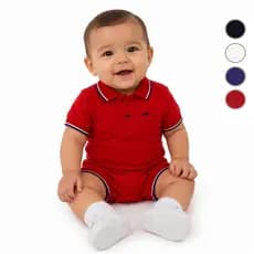 Macaquinho Curto Gola Polo Bebê Romper Algodão Suedine Marinho - Preto - Branco - Vermelho – Passeio