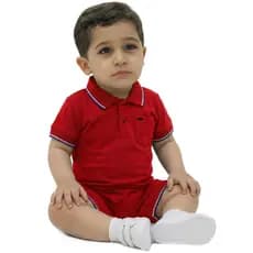 Macaquinho Curto Gola Polo Bebê Romper Algodão Suedine Vermelho – Passeio Shopping Natal