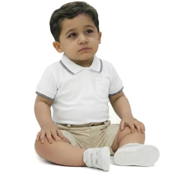 Body Bebê Gola Polo Festa Especial Branco - Suedine Algodão Premium 0 a 18 Meses