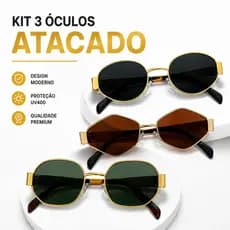 Kit 3 Óculos de Sol Unissex Metal Dourado Estilo Moderno