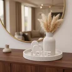 Conjunto decorativo com vaso canelado e bandeja circular para sala de estar moderna