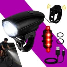Kit Lanterna E Farol Bike Com Buzina Recarregável Sinalizador Traseiro Bicicleta Led Sinalização