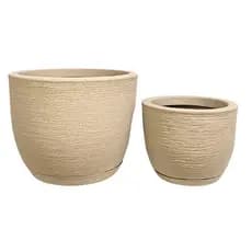Kit 2 Vasos Bojo para Planta ou Flor Em Polietileno Redondo Decorativo Escovado N1 + N2 com Prato Coletor