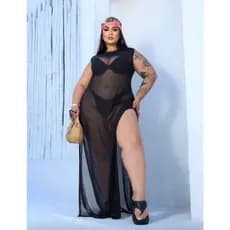 Saída De Praia Vestido Longo Regata Plus Size Em Tule (Estilo Gringa)