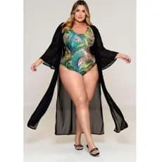 Saída de Praia Plus Size Kimono Longo com Manga | Tamanho Único Plus