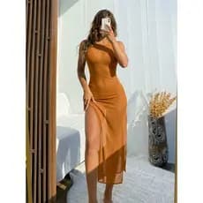 Saída De Praia Vestido Longo Regata Em Tule Estilo Gringa Caramelo Leve Moderno E Estiloso