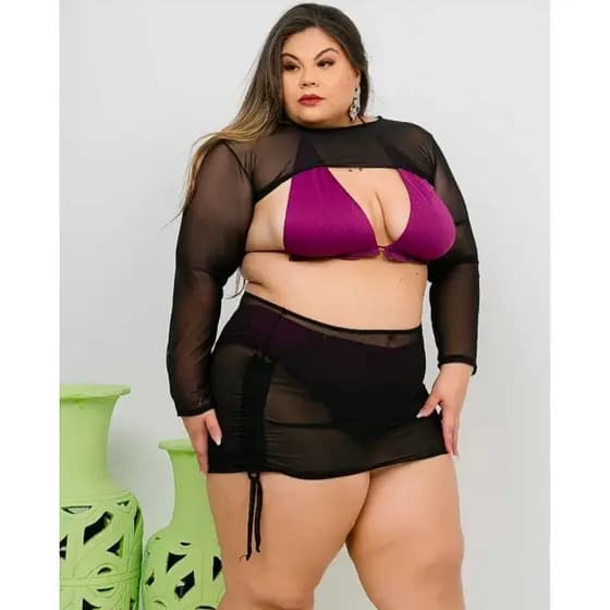Saída de praia mini saia tule plus size
