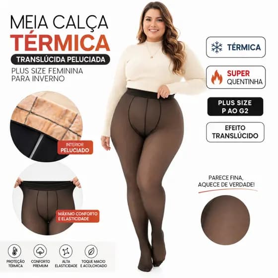 Meia Calça Plus Size Translúcida 1/2 Unidades Fio 80 Feminina P ao G2 Térmica Inverno Peluciada Lã Forrada Quentinha
