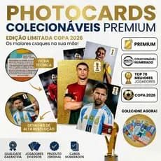 Kit Cards Copa Do Mundo 2026 PhotoCards Colecionáveis 70 Craques Futebol Com Ficha Técnica Lembrancinha Festa Criança