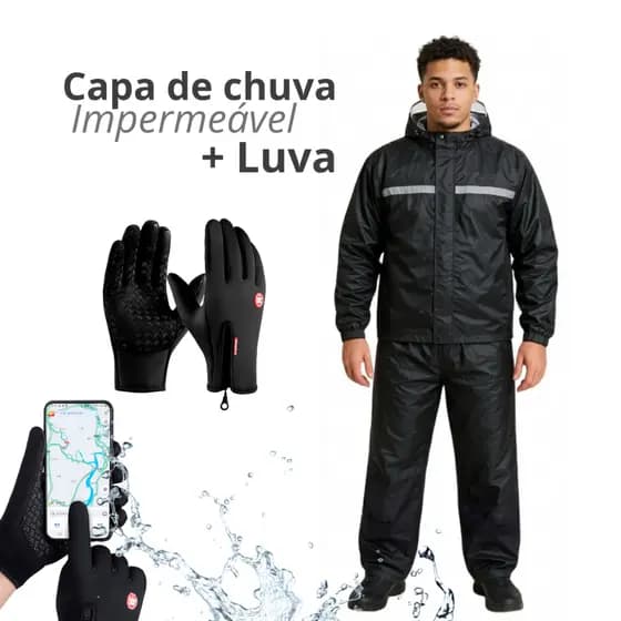 Kit Capa De Chuva Motoqueiro + Luva Touch Screen Impermeável | Conjunto Completo Motoboy Capúz Viseira Faixa Refletiva