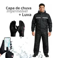 Kit Capa De Chuva Motoqueiro + Luva Touch Screen Impermeável | Conjunto Completo Motoboy Capúz Viseira Faixa Refletiva