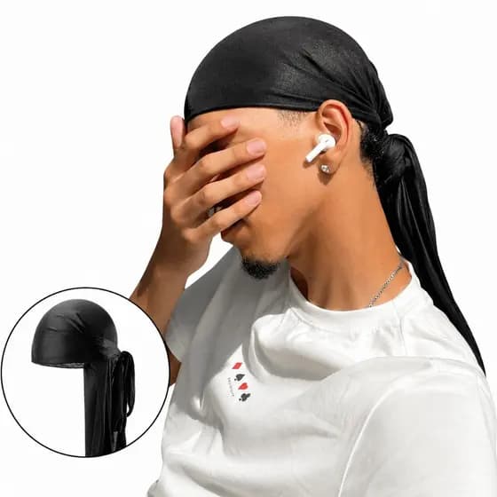 Bandana Durag Waves Touca Afro De Cetim Preto Branca