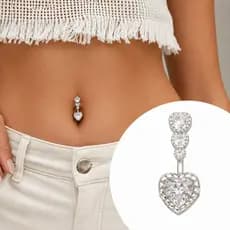 Piercing Umbigo Coração Aço Inox Prata com decoração em Coração de Strass