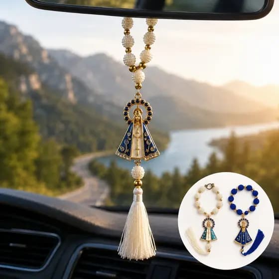 Terço Dezena de Luxo Nossa Senhora Aparecida Para Retrovisor com Pingente Religioso Católico