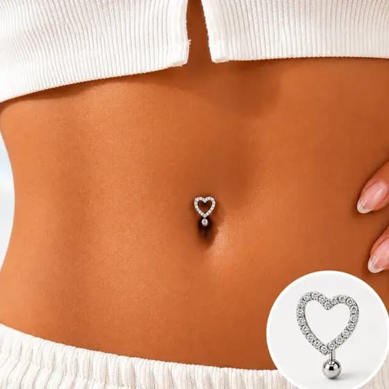 Piercing de Umbigo em Formato de Coração - Piercing Umbigo Coração Aço Inox Prata
