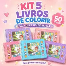 Kit 5 Livros para Colorir Desenhar Infantil Capa Holográfica 50 Folhas