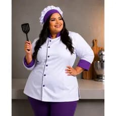Kit Dolmã + Touca Feminina Chef Cozinha Confeiteira Oxford Manga 3/8 Botão Nome Bordado Gastronomia Restaurante Doma