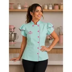 Dolmã Gabardine Manga Princesa Botão Rita - Bordado logo Incluso Chef Confeiteira Uniforme Profissional Dolma